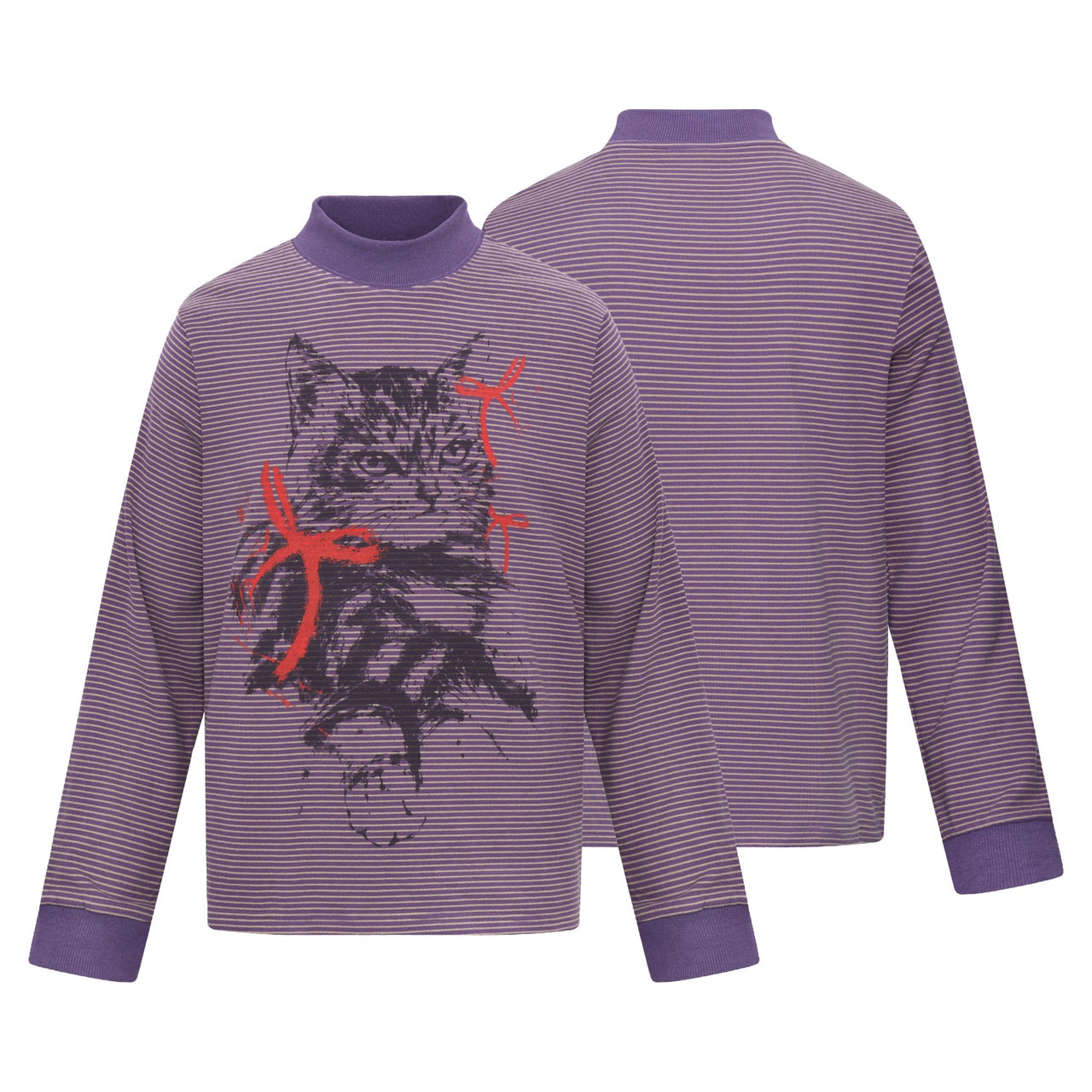 Omirad Striped Cat Graphic Mock Neck Long Sleeve Tee