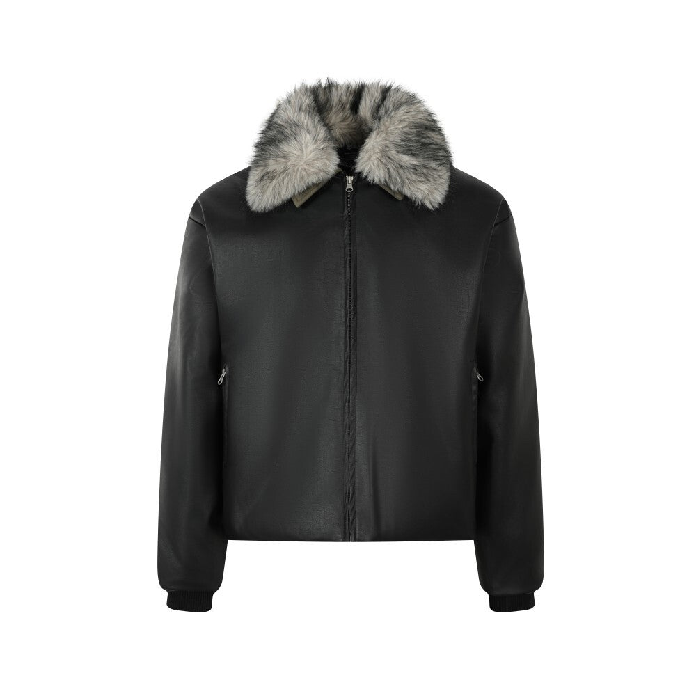 Retro American Detachable Faux Fur Collar Barn-Style Quilted Leather Jacket