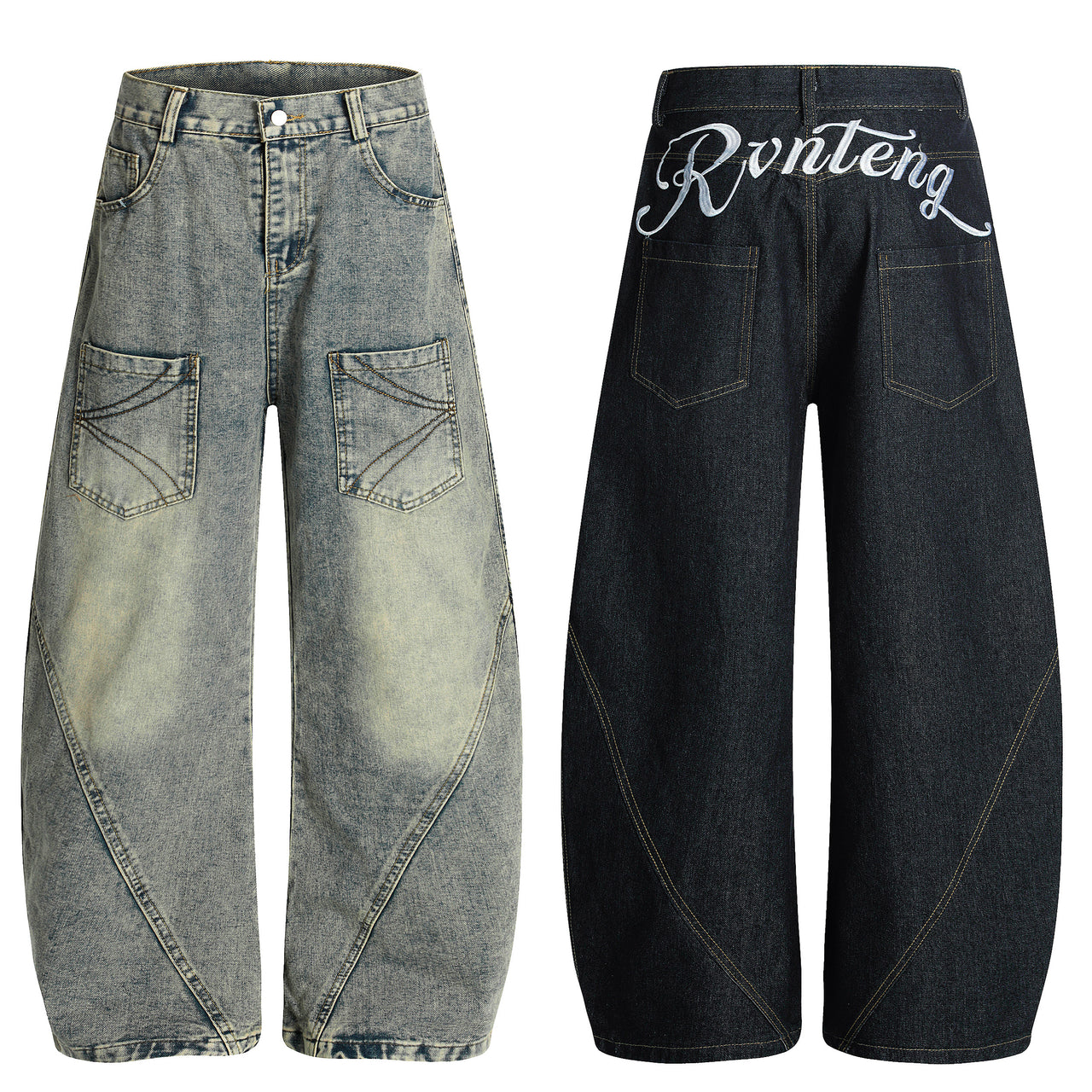 Streetwear Color-Block Multi-Pocket Curved Blade Jeans