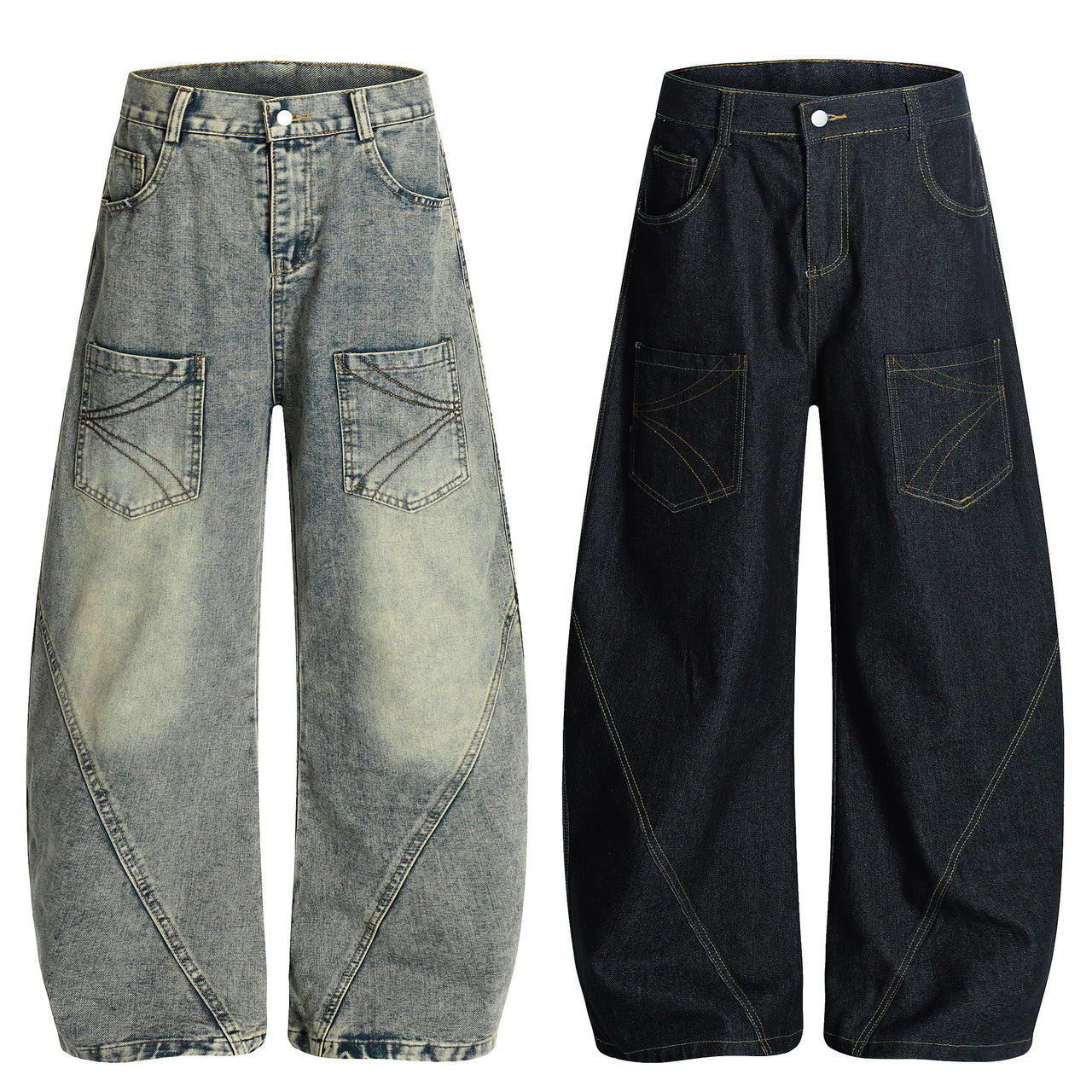 Streetwear Color-Block Multi-Pocket Curved Blade Jeans