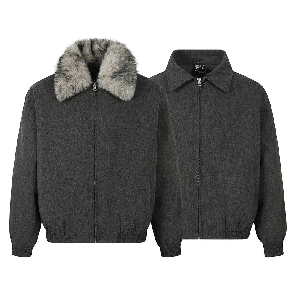 Streetwear Vintage Sherpa Tweed Detachable Fur Collar Padded Jacket