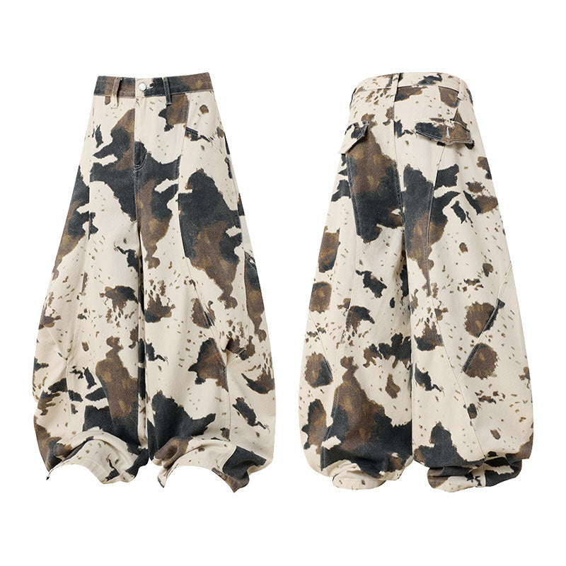Retro American Wide-Leg Marble Effect Jeans