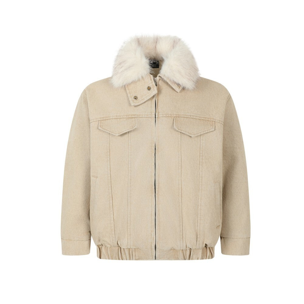 High-Street Detachable Fur Collar Washed Denim Padded Jacket