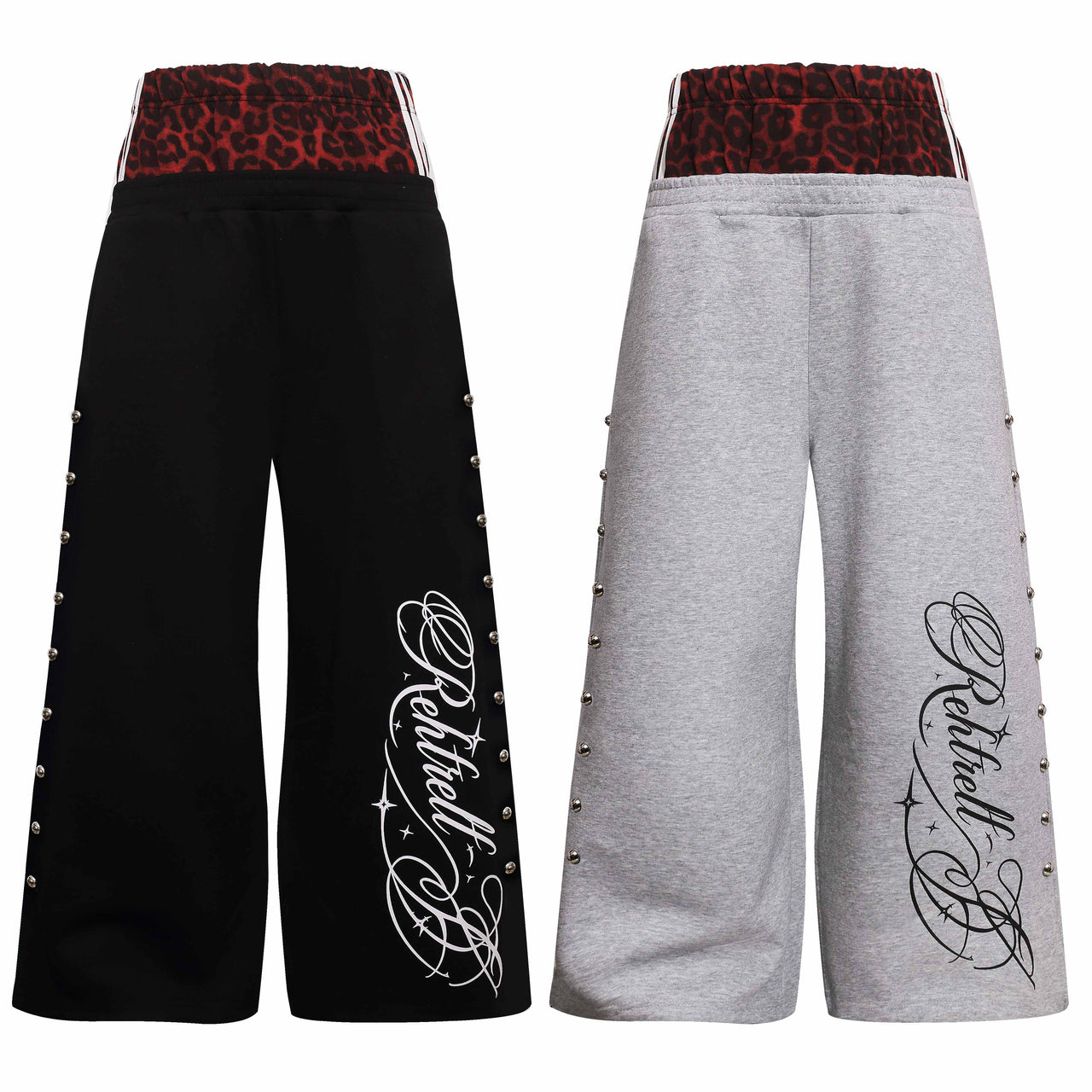 Omirad Leopard Waist Studded Wide-Leg Sweatpants