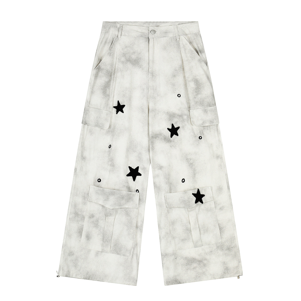 Streetwear Mud-Dyed Star-Embroidered Multi-Pocket Jeans