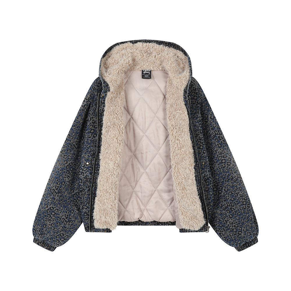 Retro American Blue-Wash Leopard Trim Aviator Quilted Jacket