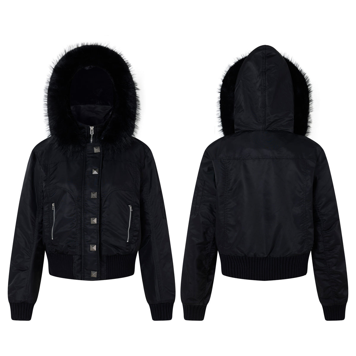 Omirad Faux Fur Hooded Studded Bomber Jacket