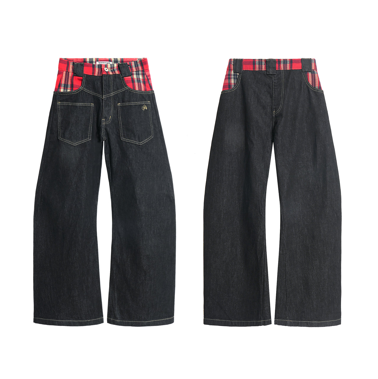 American Streetwear Plaid Patchwork Denim Jeans