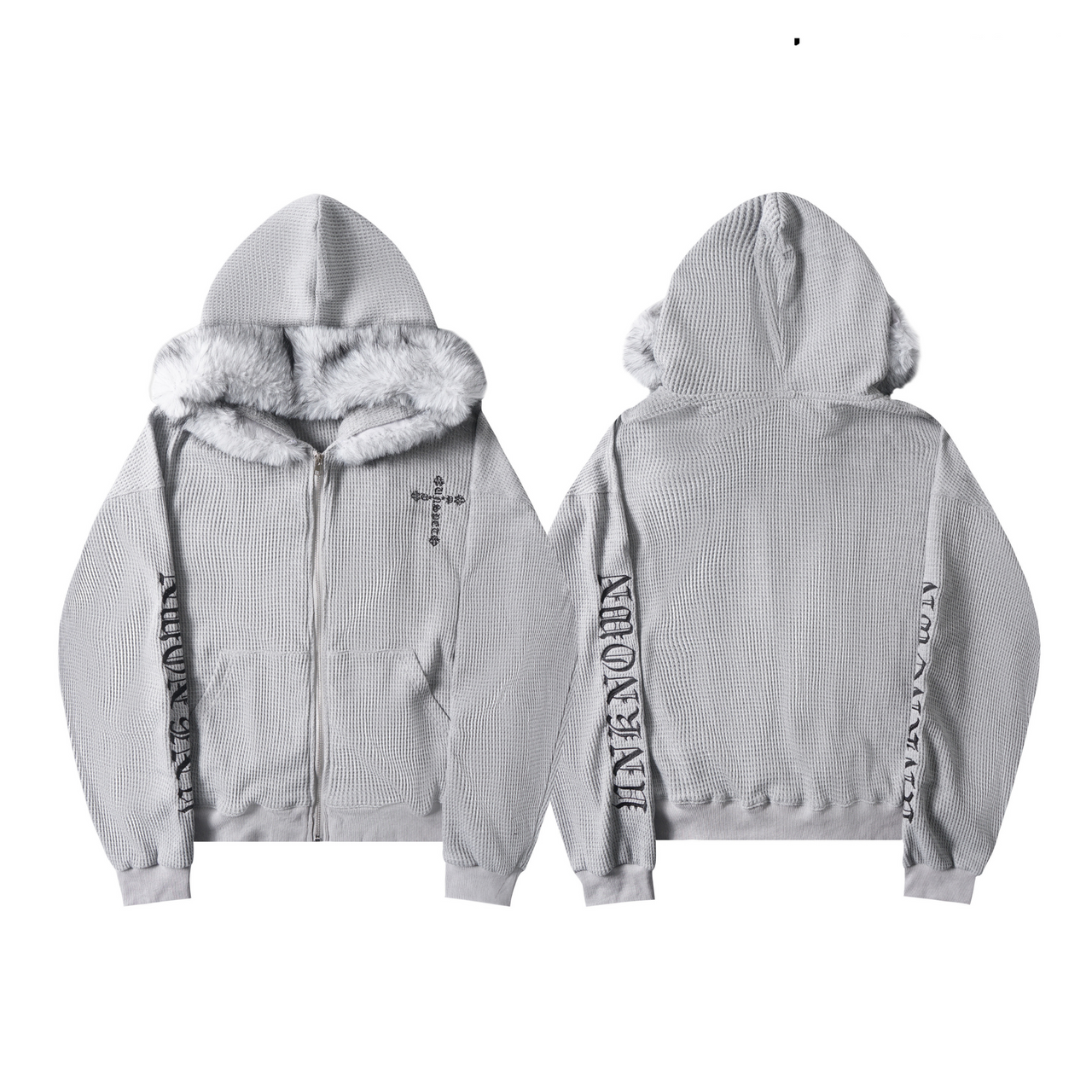 Retro American Faux Fur Collar Embroidered Zip Hoodie
