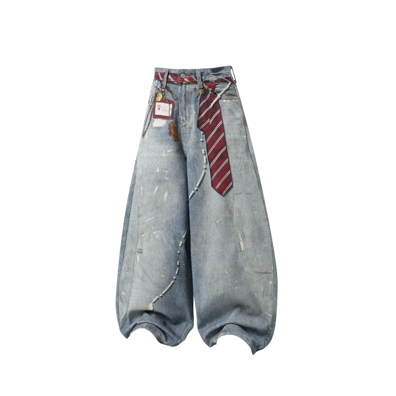 American Streetwear Tie 3D Digital Print Curved-Cut Jeans