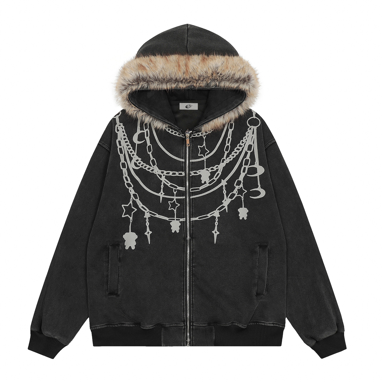 Omirad Chain Print Faux Fur Hooded Jacket