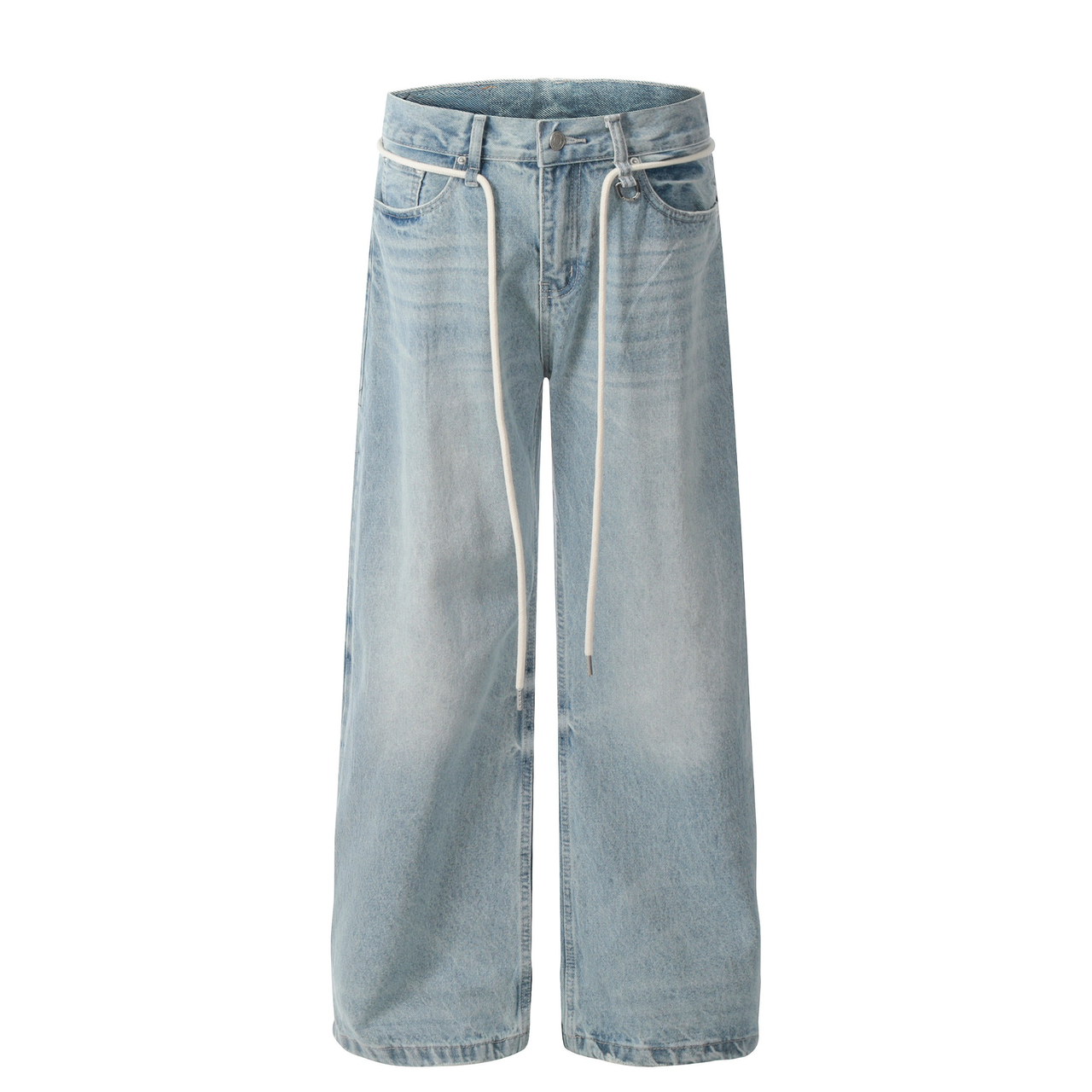 Omirad Rope-Belt Light-Wash Wide-Leg Jeans