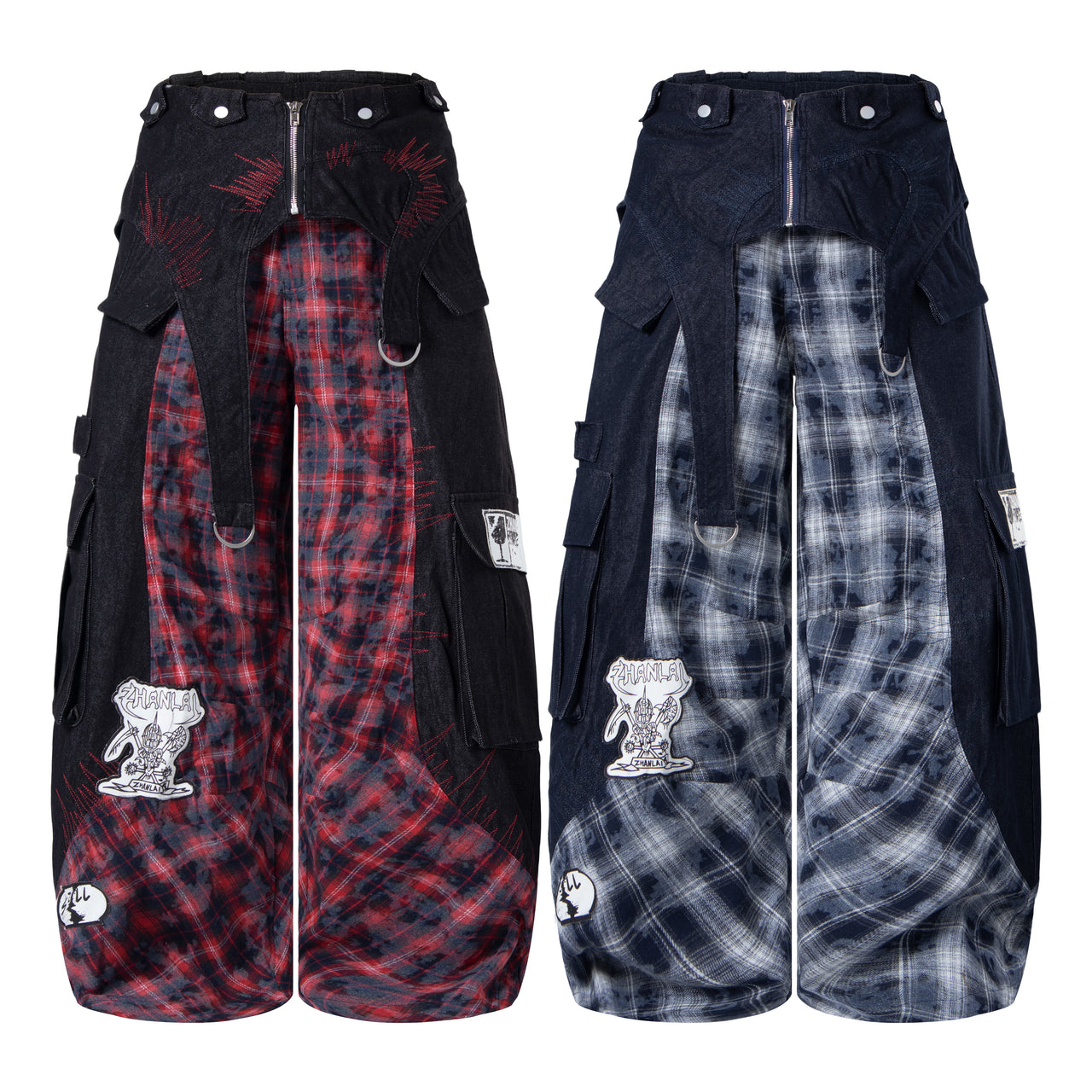 Omirad Layered Plaid Panel Wide-Leg Pants