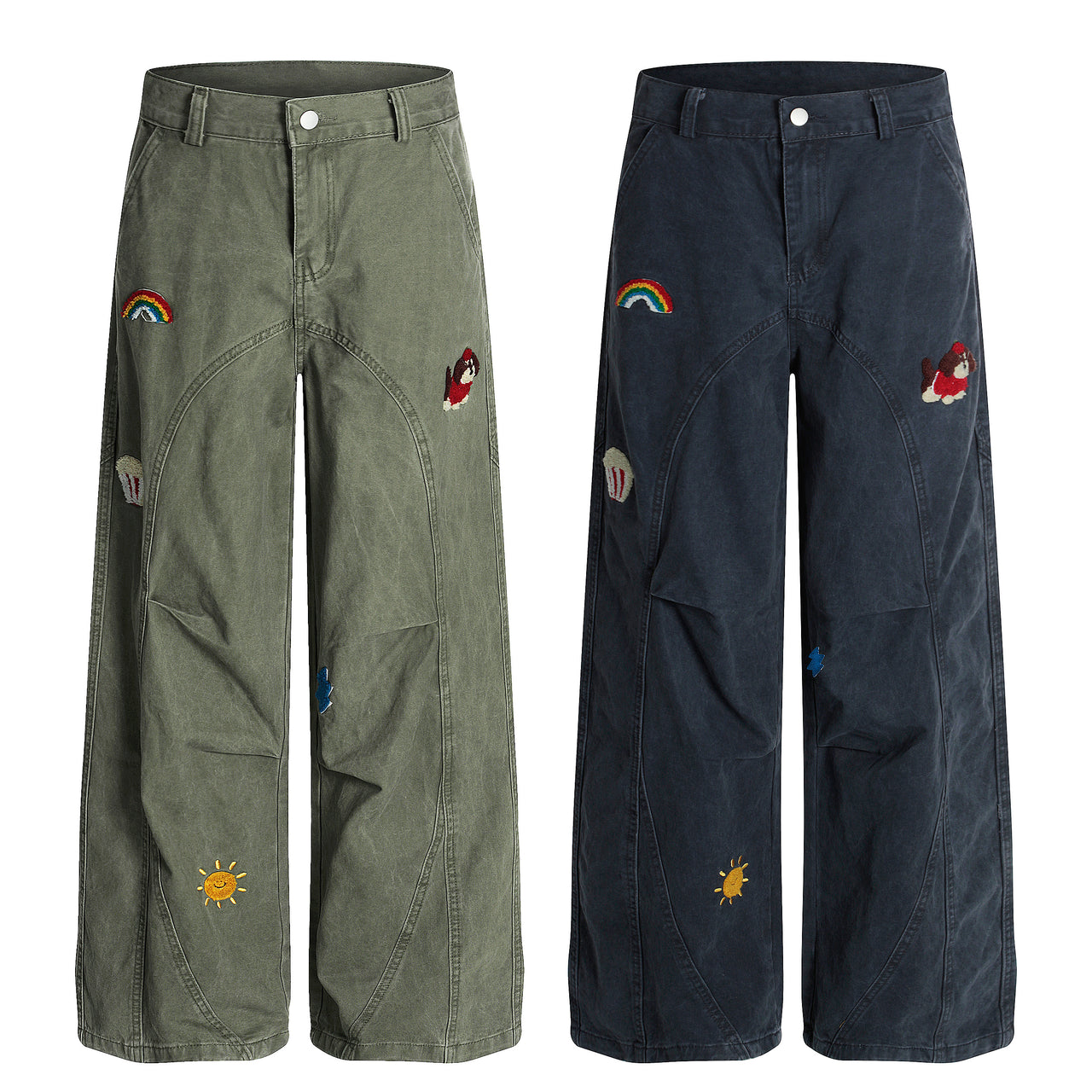 American Streetwear Cartoon Embroidered Patchwork Jeans