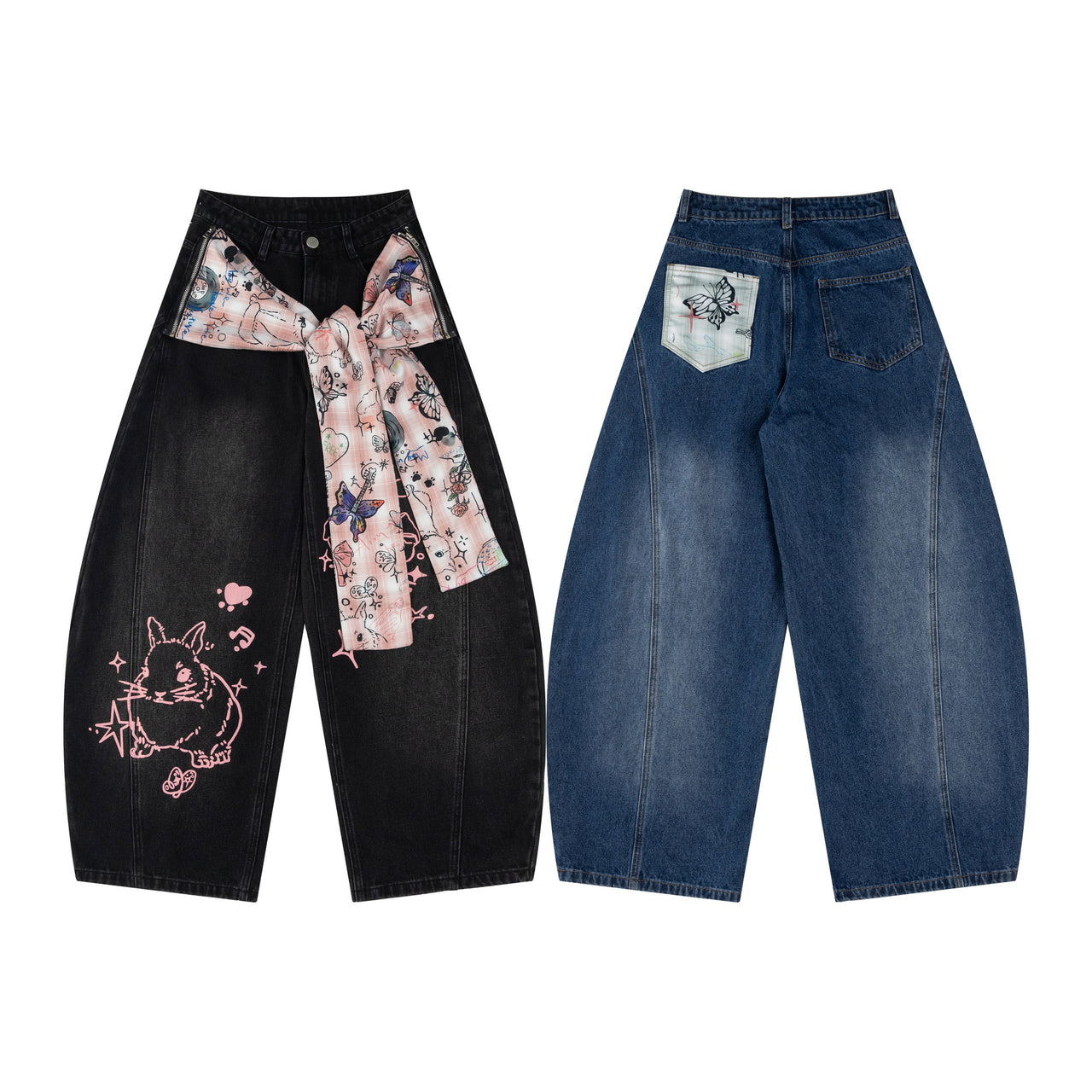 High-Street Detachable Curved-Leg All-Over Printed Shirt-Panel Jeans