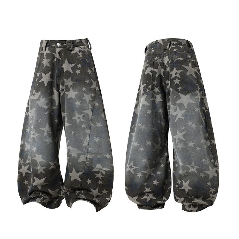 American Streetwear All-Over Star Print Curved-Cut Jeans