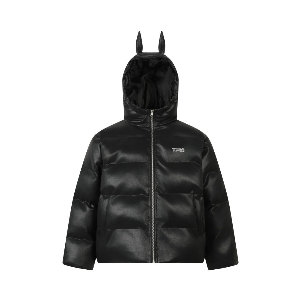 American Streetwear Doberman Devil-Ear Faux Leather Puffer Jacket