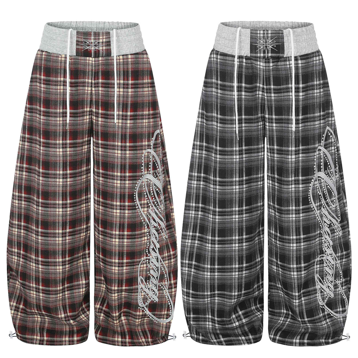 Omirad Plaid Rhinestone Script Wide-Leg Pants