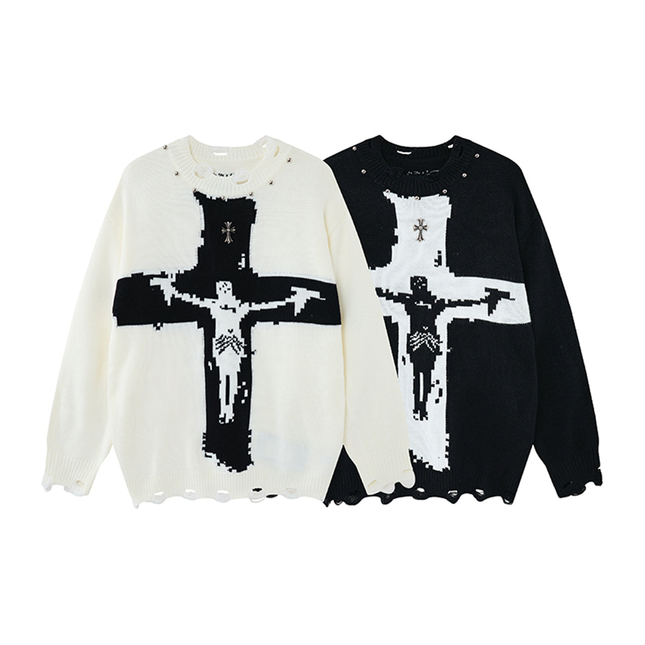 Omirad Distressed Cross Knit Sweater