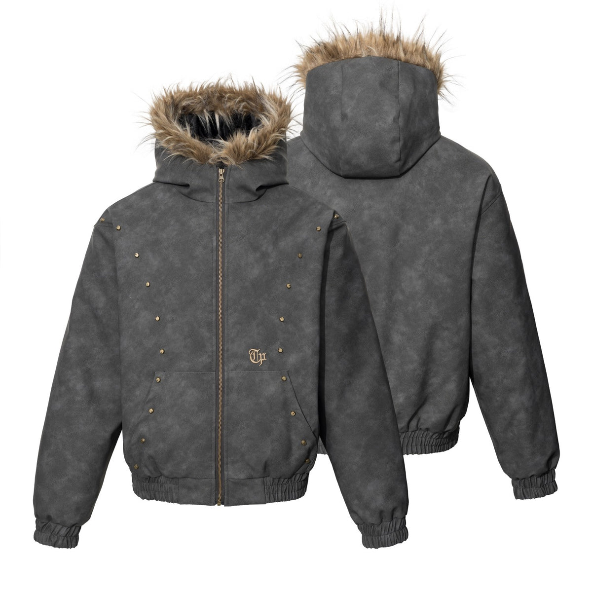 Omirad Studded Faux Fur Hood Bomber Jacket