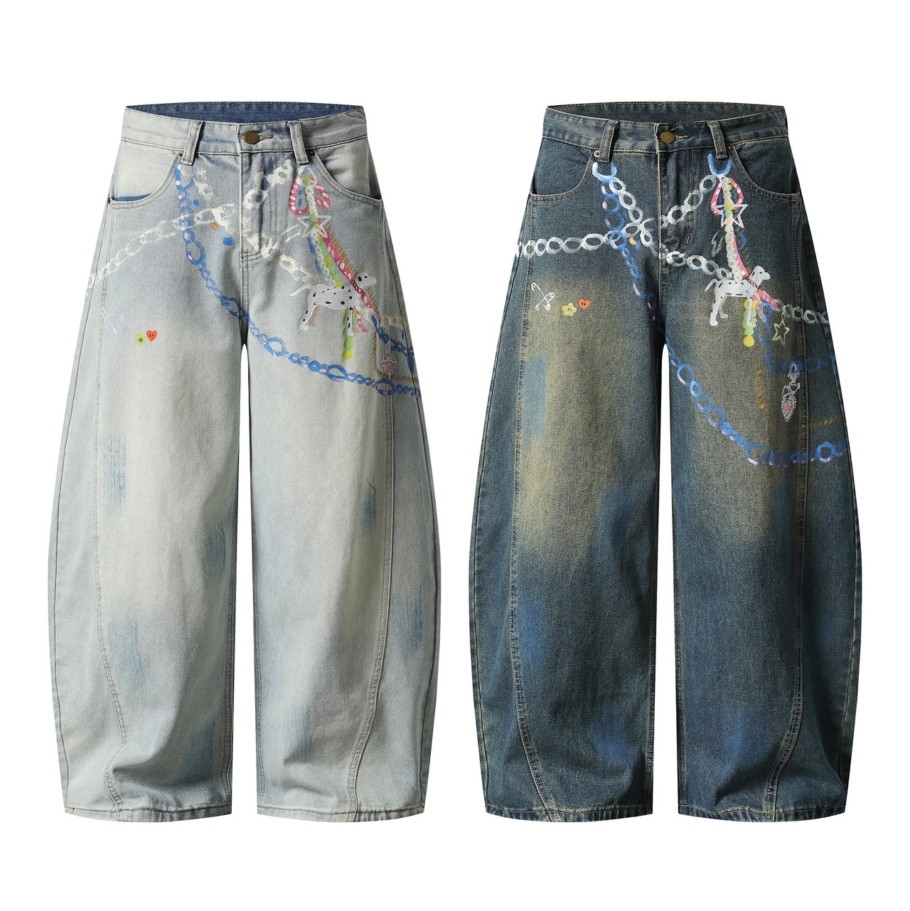 Streetwear Chain Graphic Curved Jeans