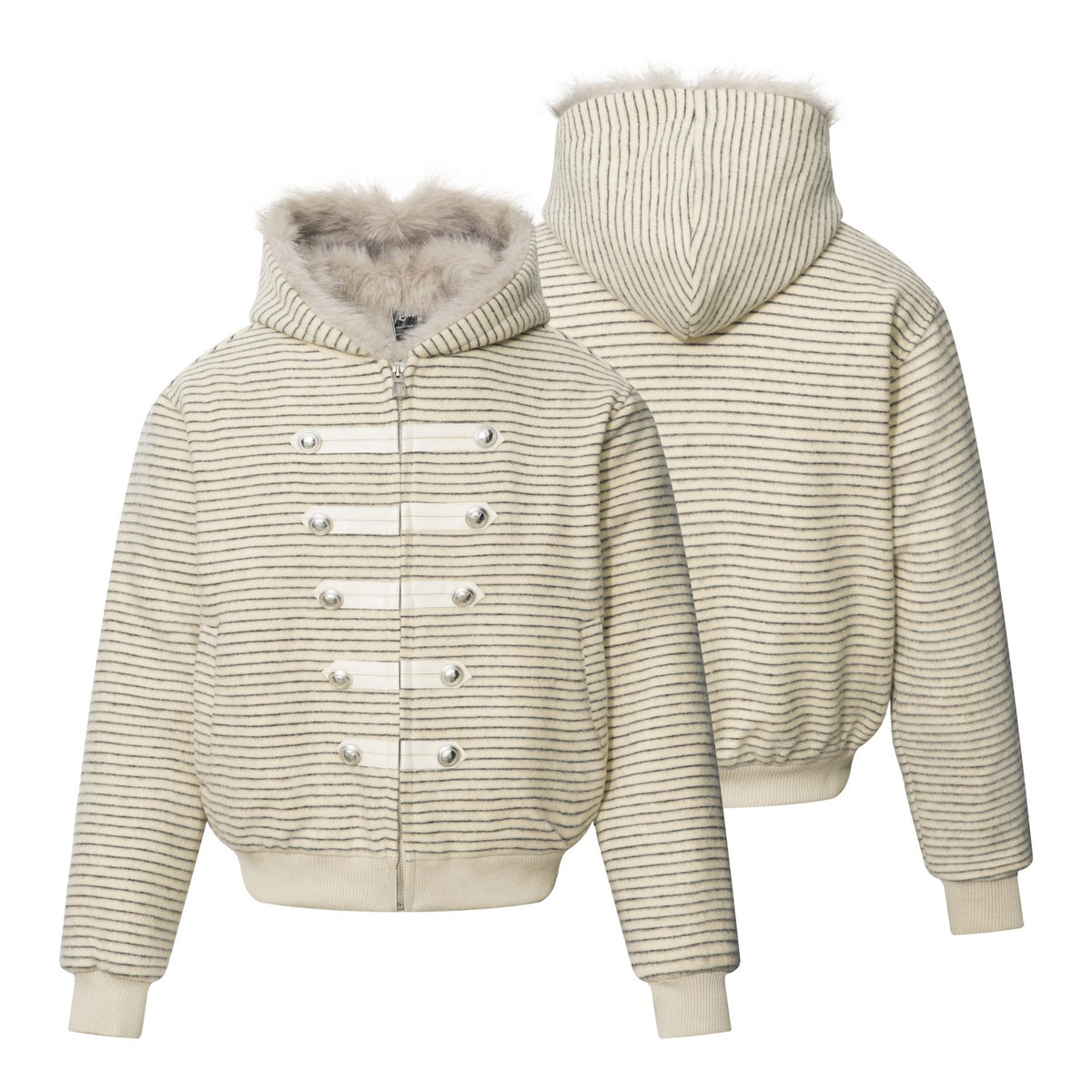 Omirad Faux Fur Hood Striped Military Bomber Jacket