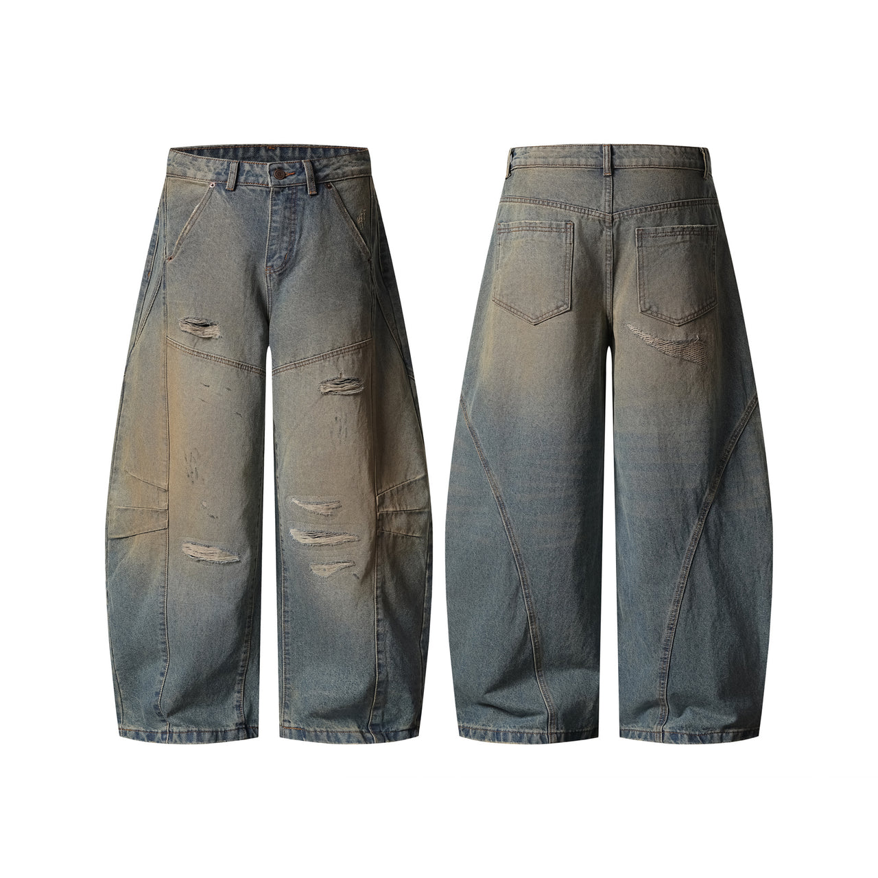 Vintage Distressed Clay-Dyed Washed Curved-Cut Jeans