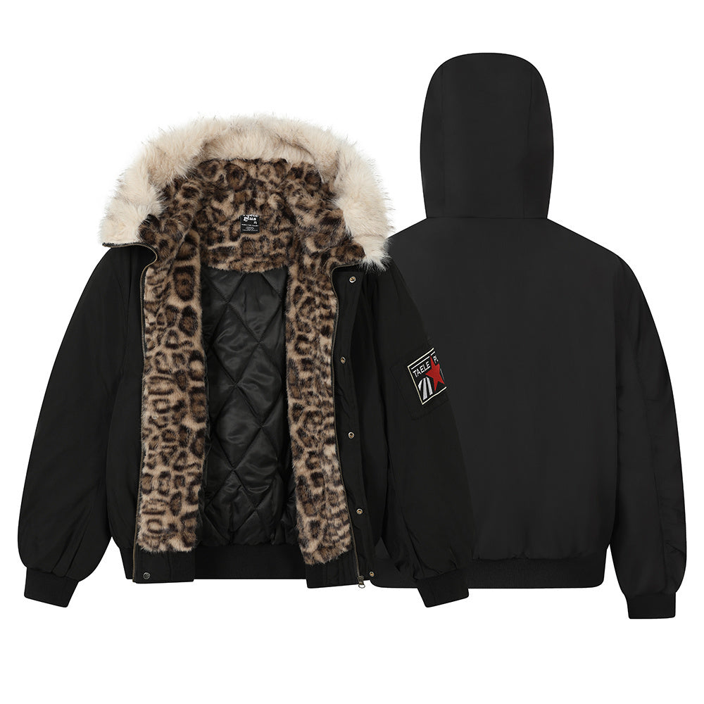 Streetwear Leopard Faux Fur Collar Hooded Aviator Padded Jacket