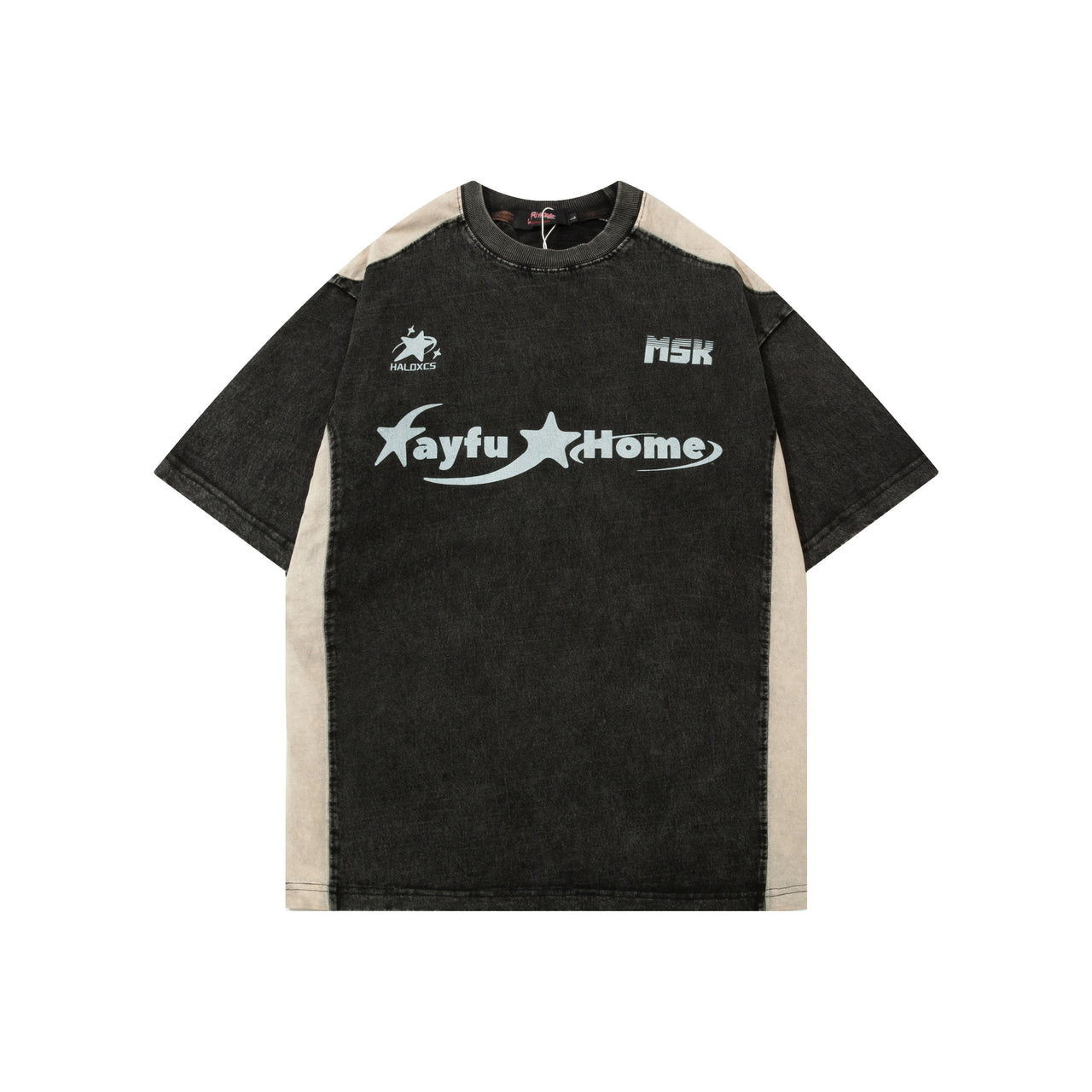 American Streetwear Color-Block Washed Vintage Tee
