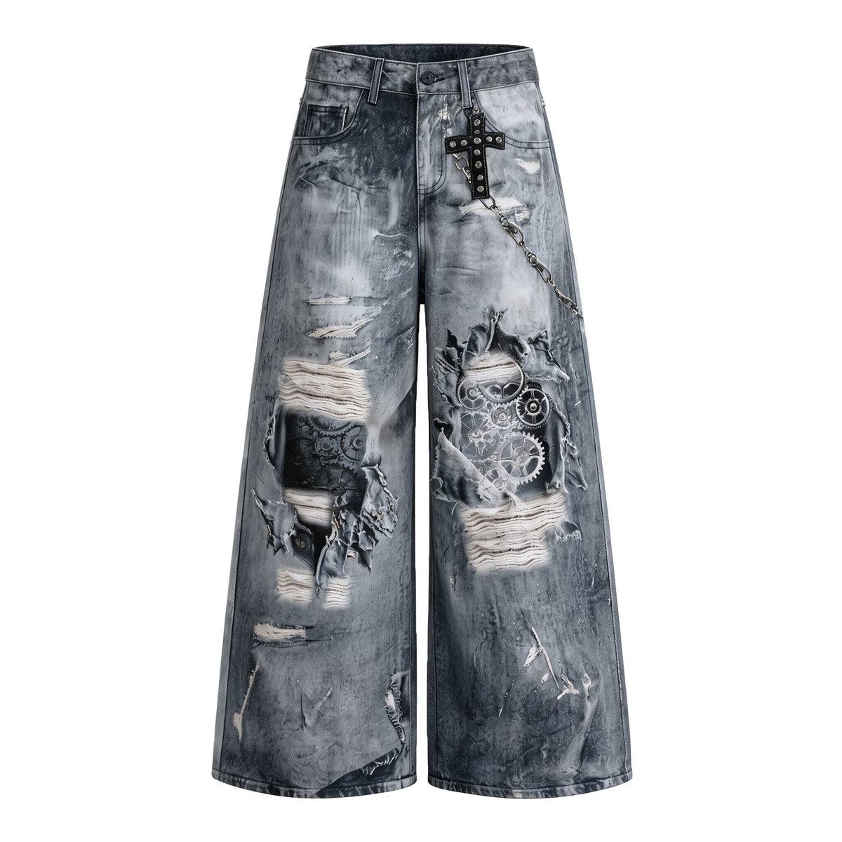 Omirad Distressed Gear Graphic Chain Wide-Leg Jeans