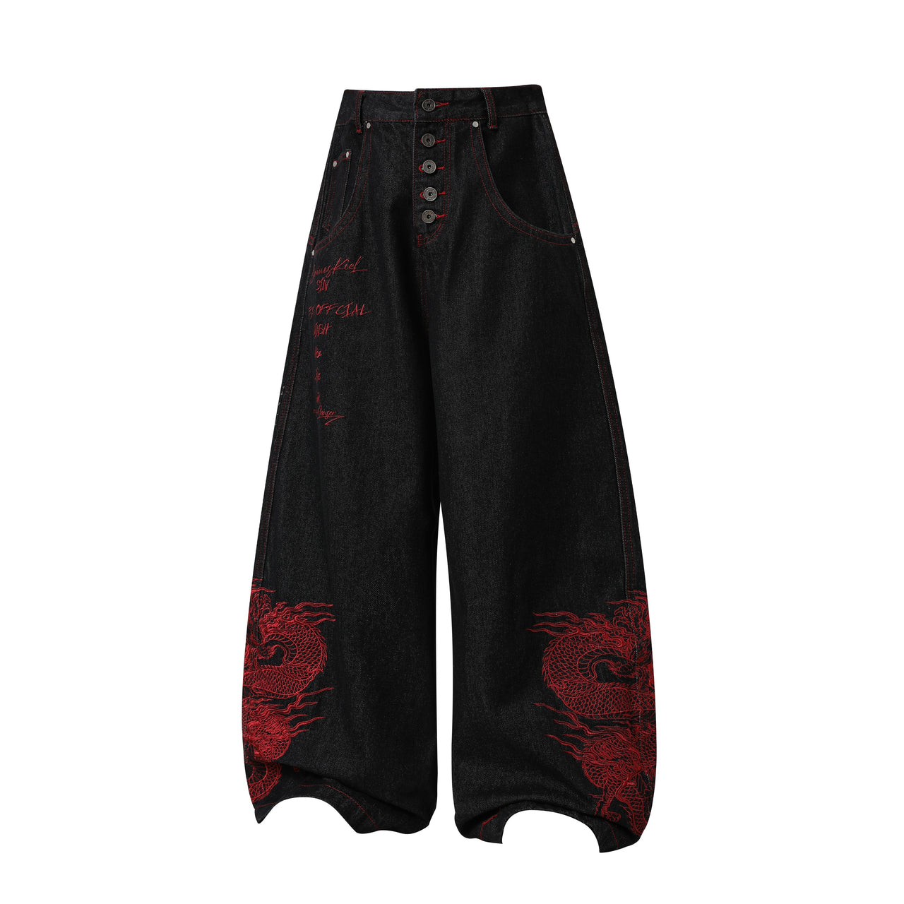 Omirad Dragon Embroidered Wide-Leg Denim Pants