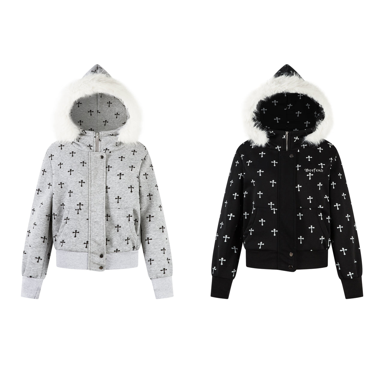 Vintage American All-Over Cross Print Fur-Collar Hoodie