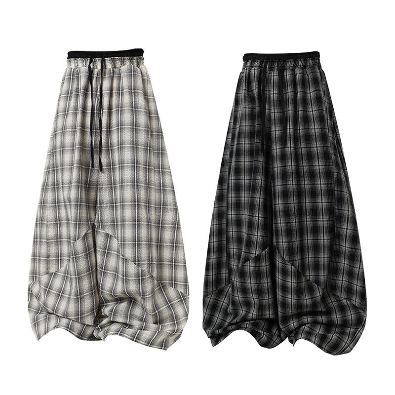 Retro American Double-Waist Crinkled Plaid Pants