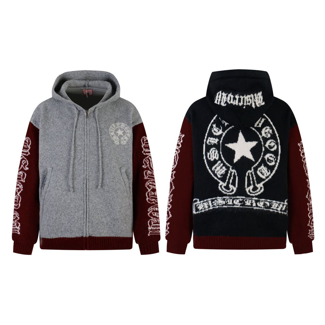 Gothic Letter Jacquard Zip-Up Hooded Sweater