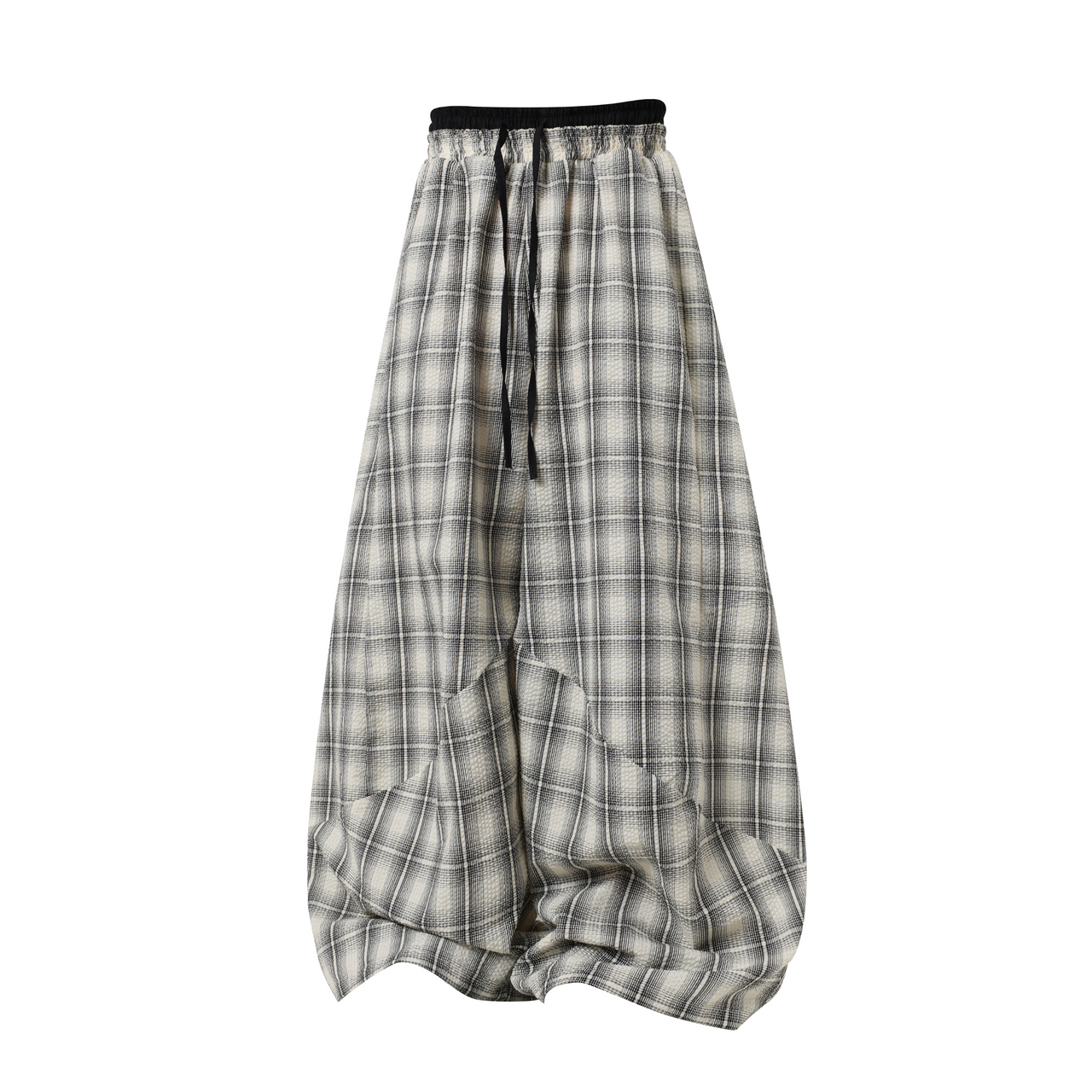 Retro American Double-Waist Crinkled Plaid Pants