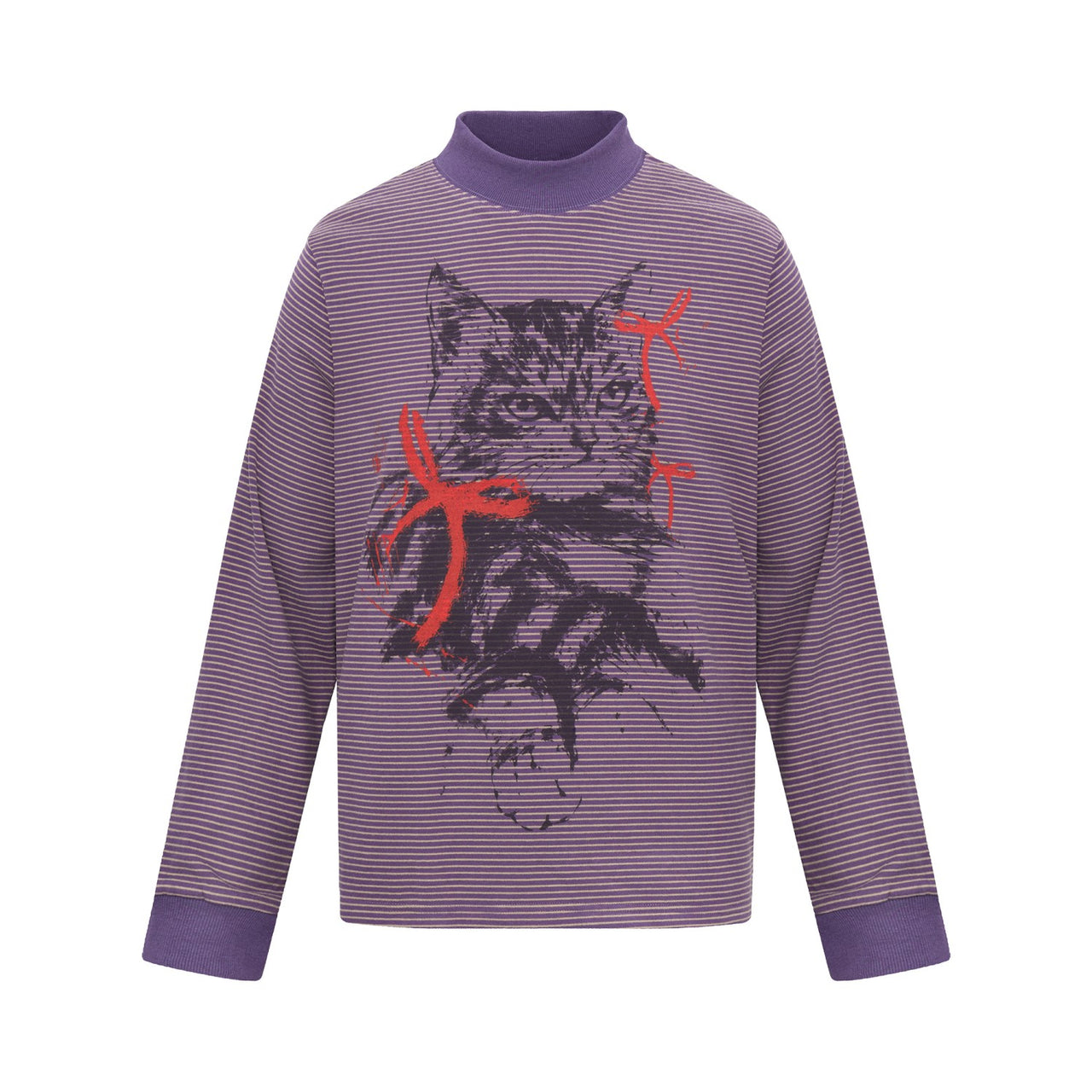 Omirad Striped Cat Graphic Mock Neck Long Sleeve Tee