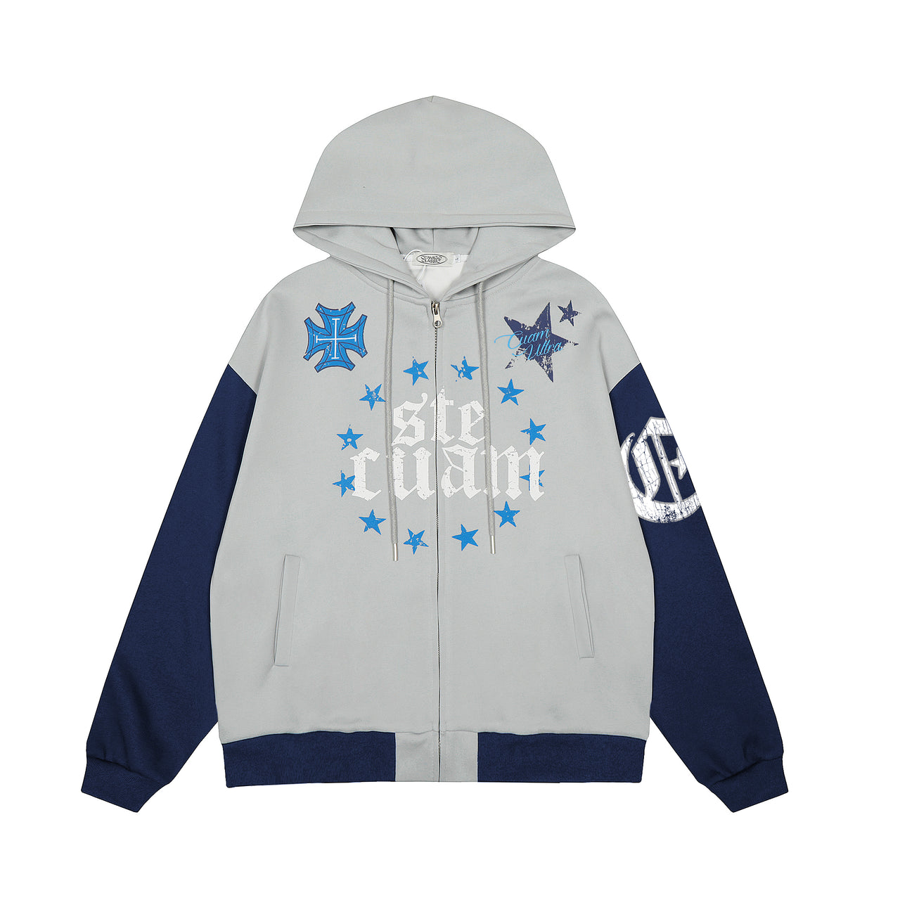 American Streetwear Two-Tone Patchwork Cardigan Hoodie