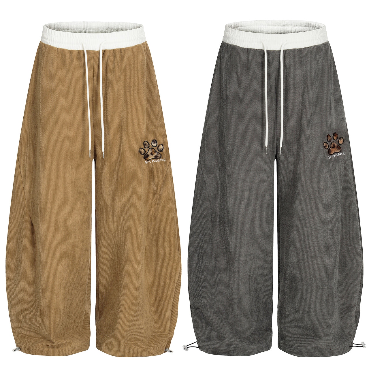 Streetwear Paw-Pattern Corduroy Curved-Cut Pants