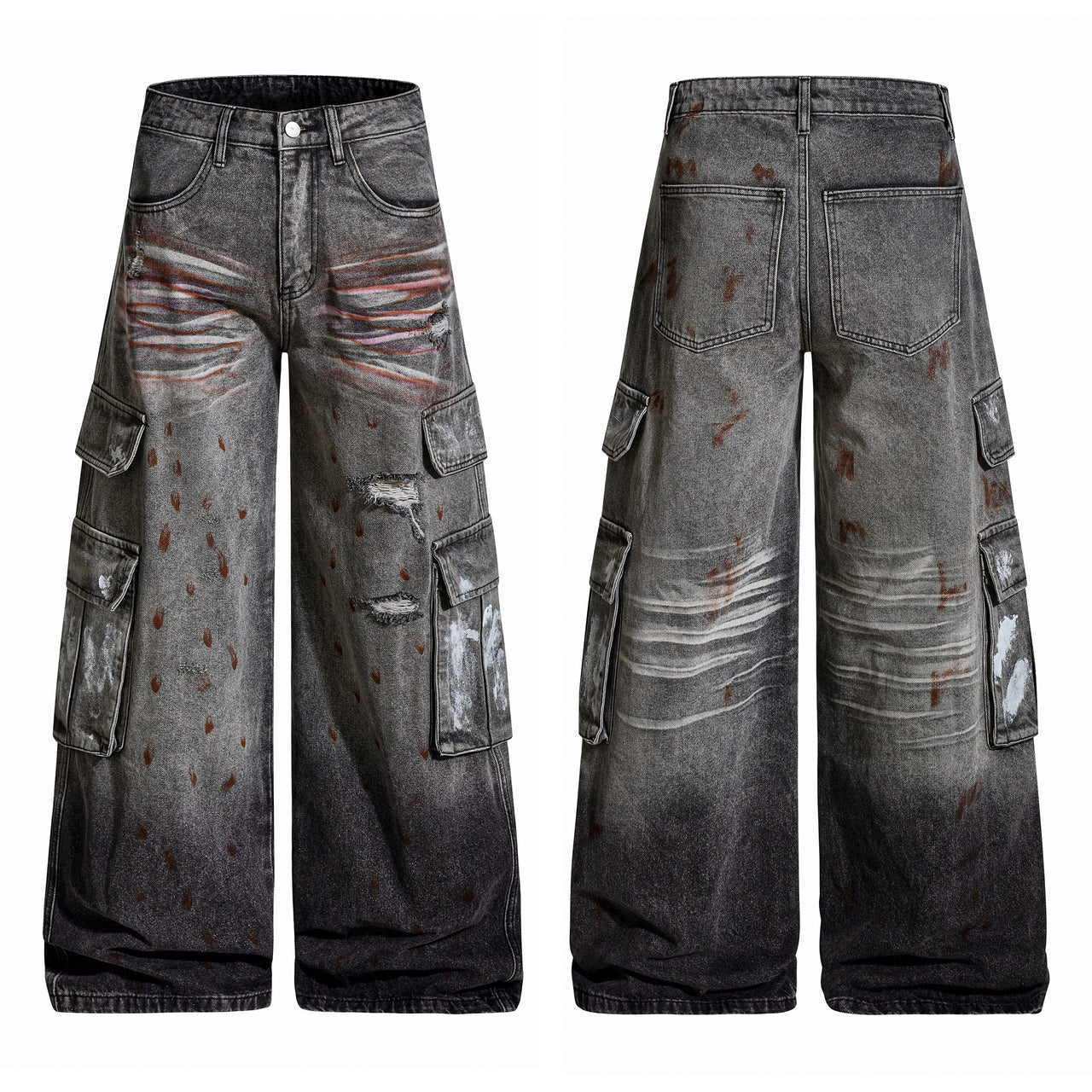 Vintage American Heavy-Distressed Paint-Splatter Ripped Jeans