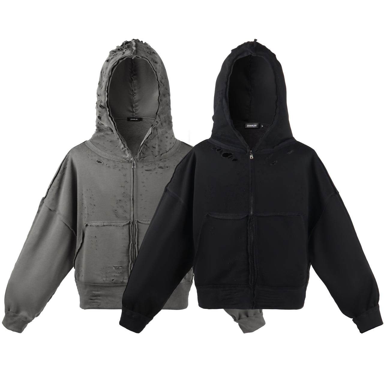 American Streetwear Destroyed Zip-Up Hoodie