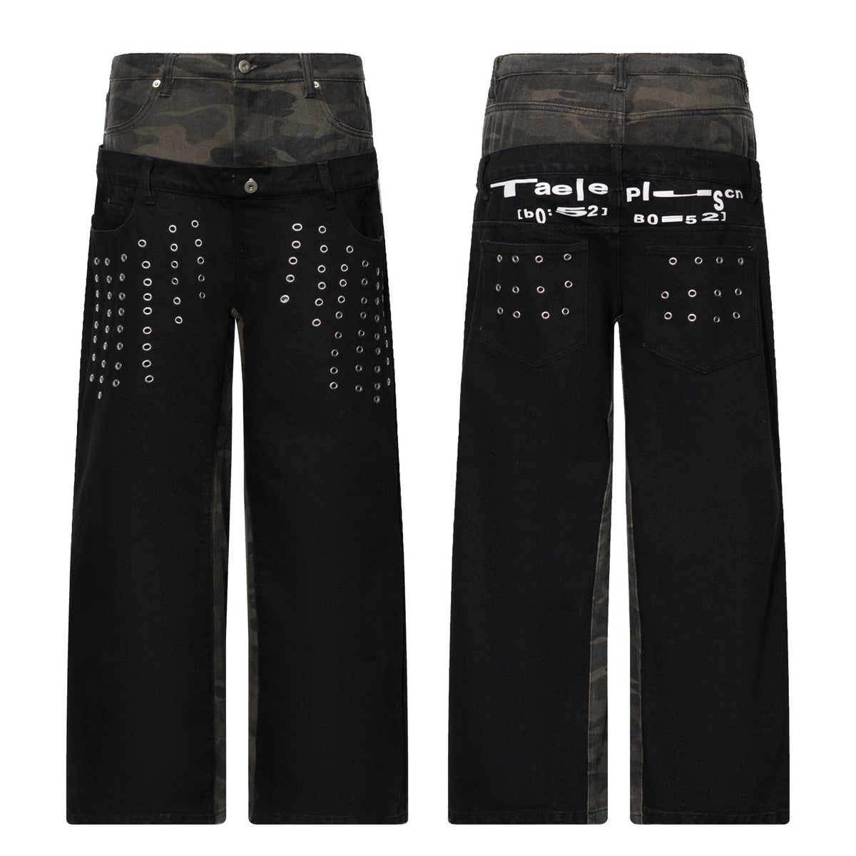 Omirad Double-Waist Grommet Camo Wide-Leg Jeans