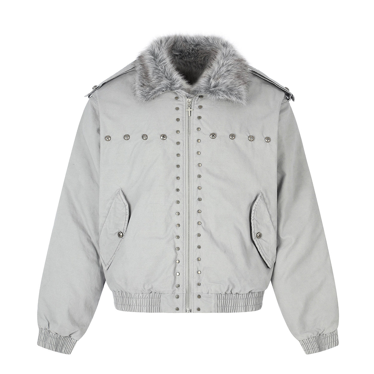 Omirad Faux Fur Collar Studded Bomber Jacket