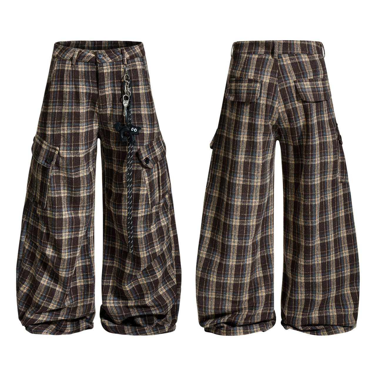 Vintage Relaxed Plaid Curved-Cut Cargo Pants