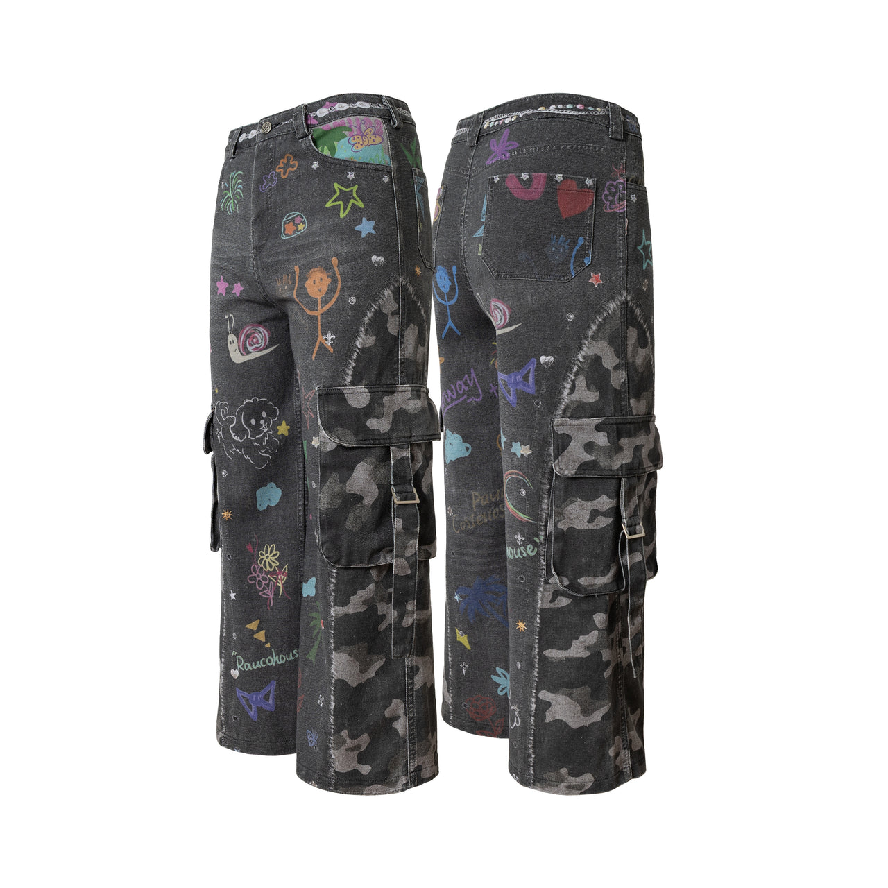 Graffiti Print Cold Transfer Camouflage Layer Cargo Jeans