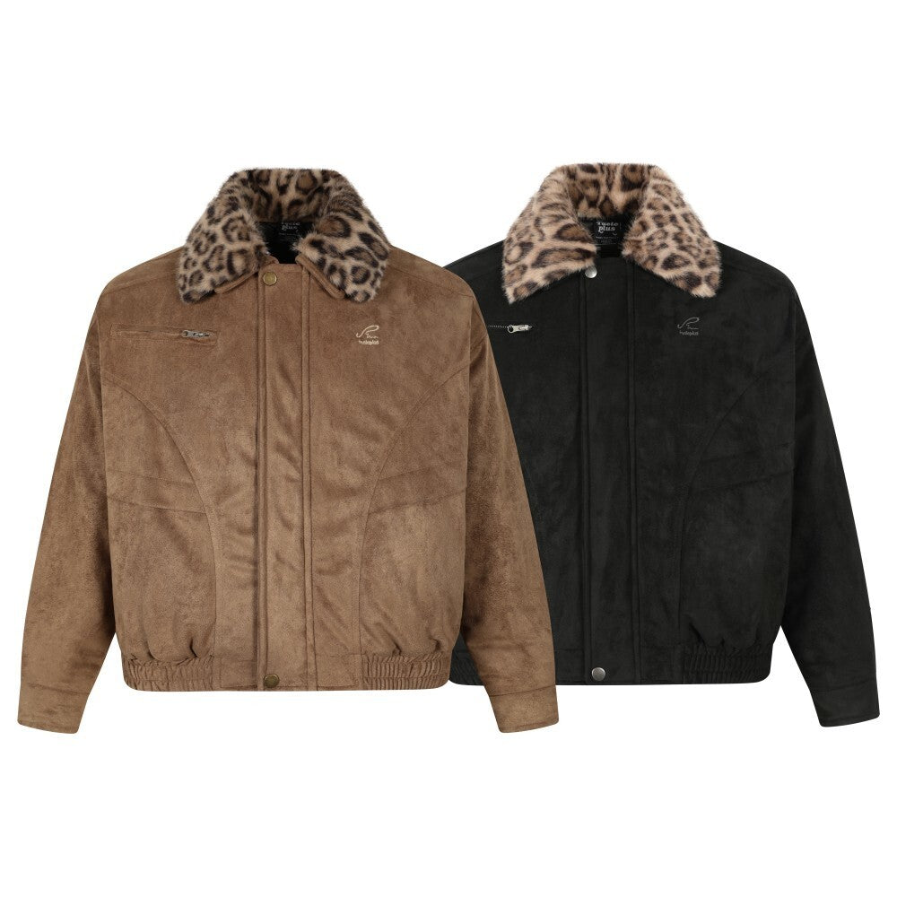 Retro American Faux Leopard Detachable Collar Quilted Jacket
