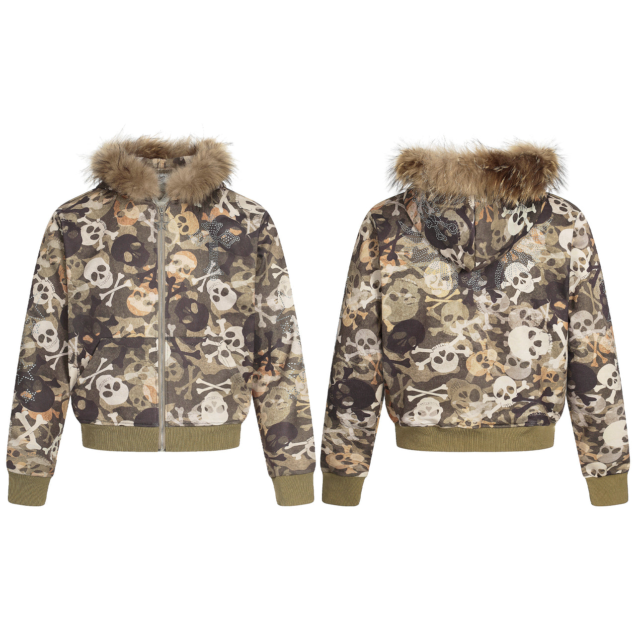 American Streetwear Skull Print Fur-Lined Zip-Up Hoodie