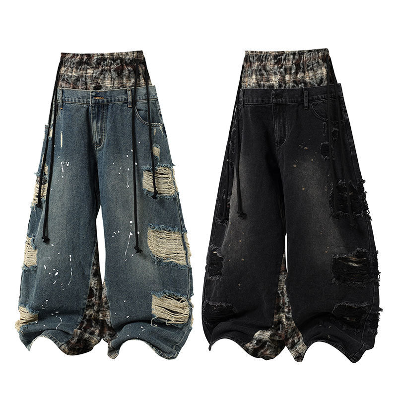 American Streetwear Double-Waist Plaid Patchwork Wide-Leg Jeans