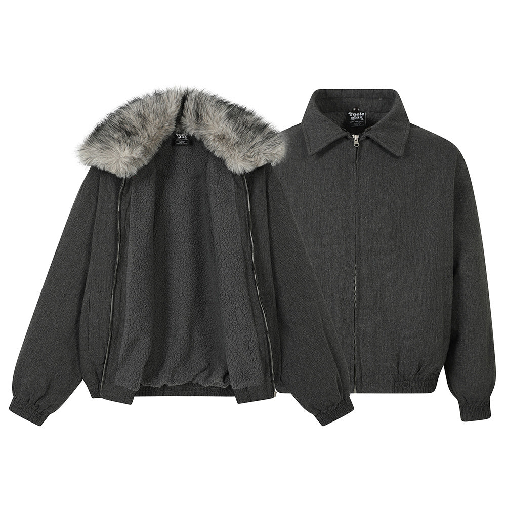 Streetwear Vintage Sherpa Tweed Detachable Fur Collar Padded Jacket