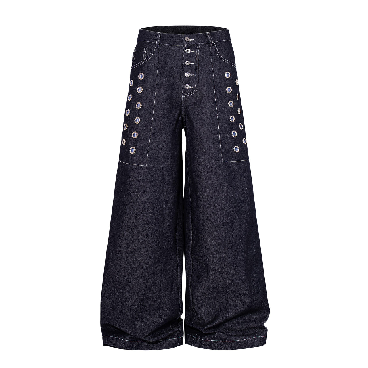 Omirad Raw Denim Eyelet Wide-Leg Jeans
