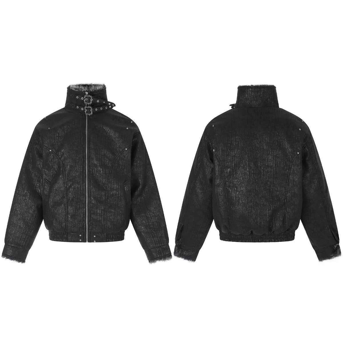 Omirad Faux Fur Double-Buckle High Collar Bomber Jacket